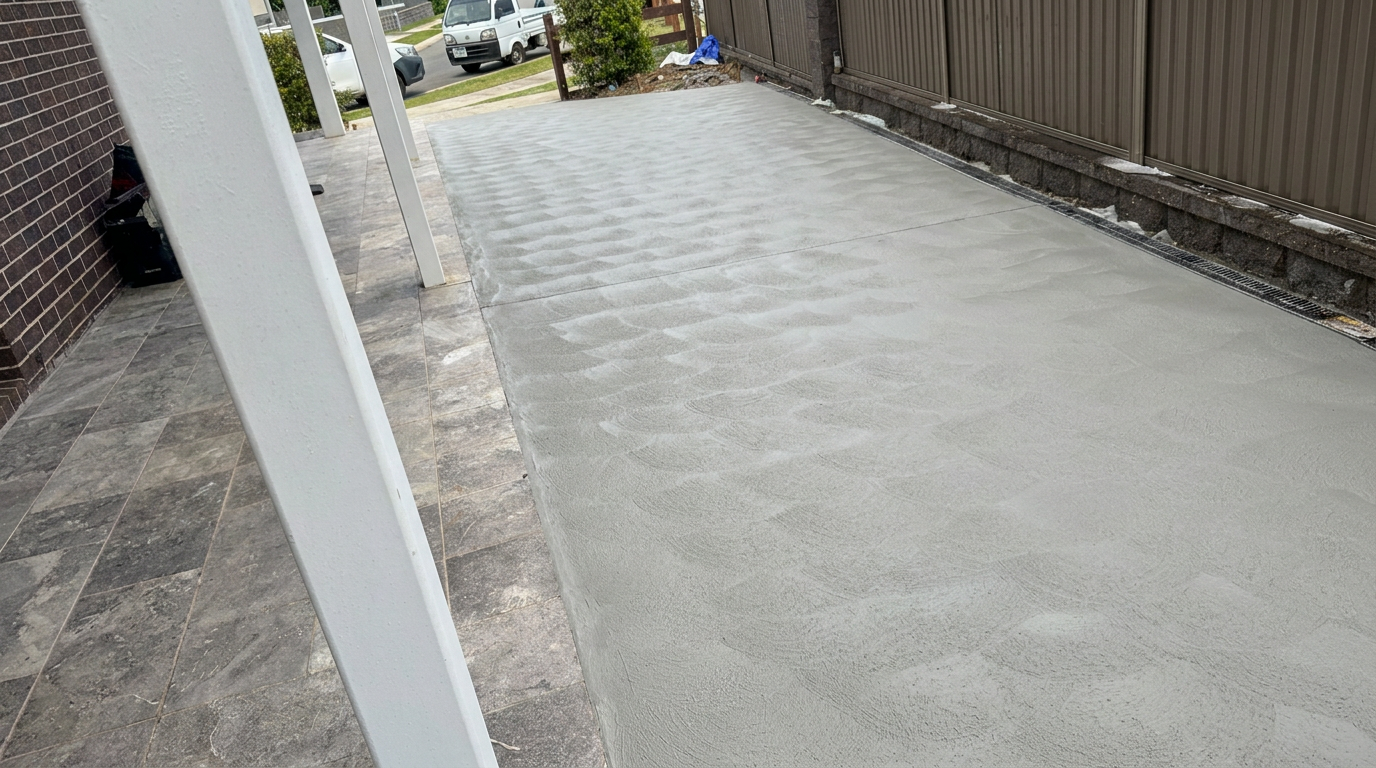 Broom finish concrete path beside a home