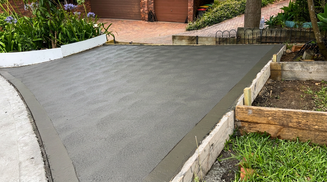 Freshly finished broom concrete driveway