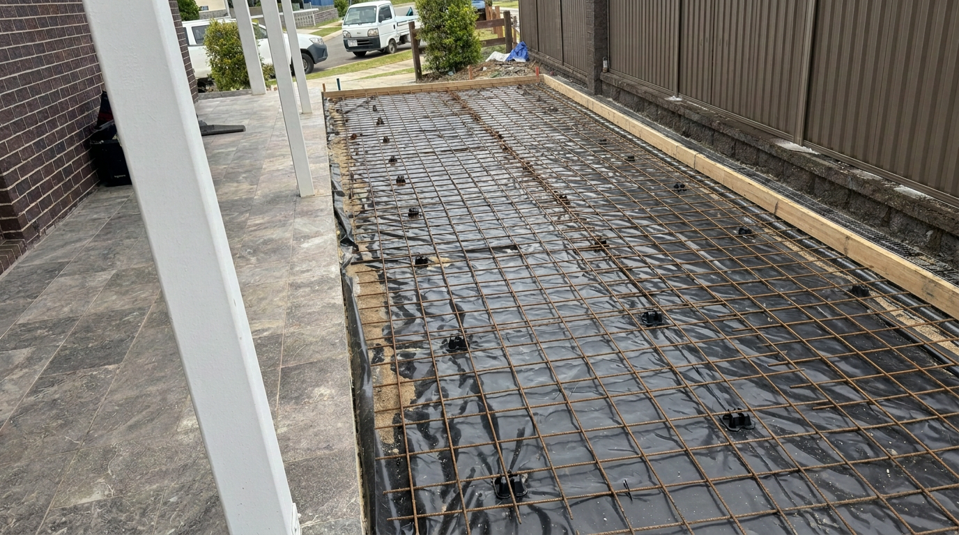 Formwork, plastic membrane and reinforcing mesh ready for the pour