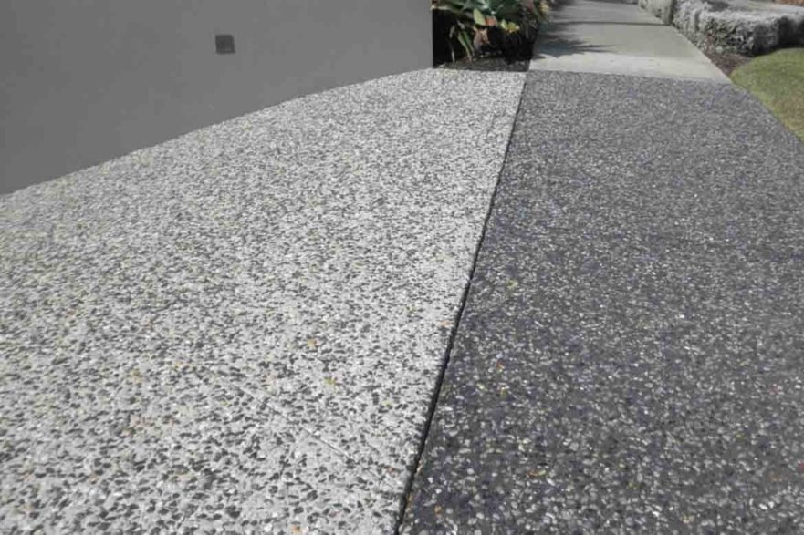 Light and charcoal exposed aggregate finish samples side by side