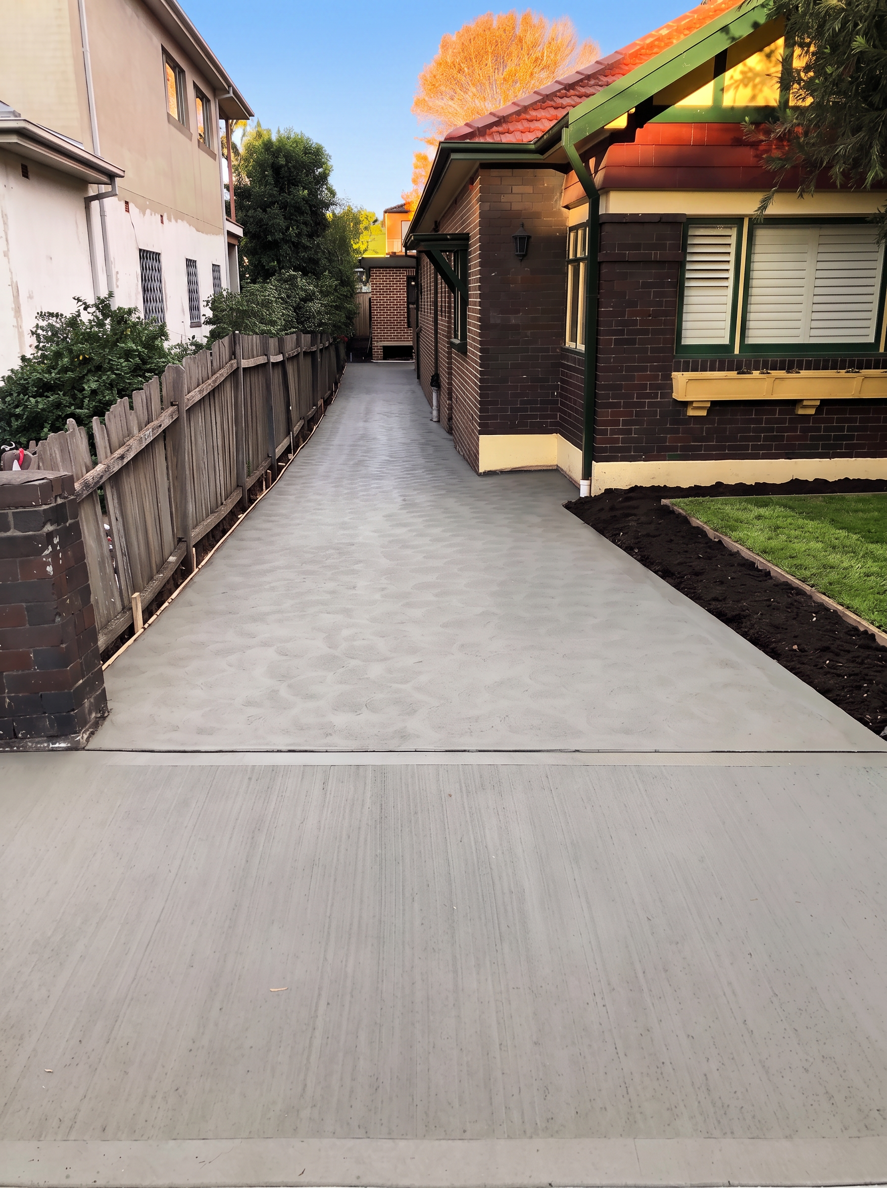 Long broom finish concrete driveway running down the side of a brick home