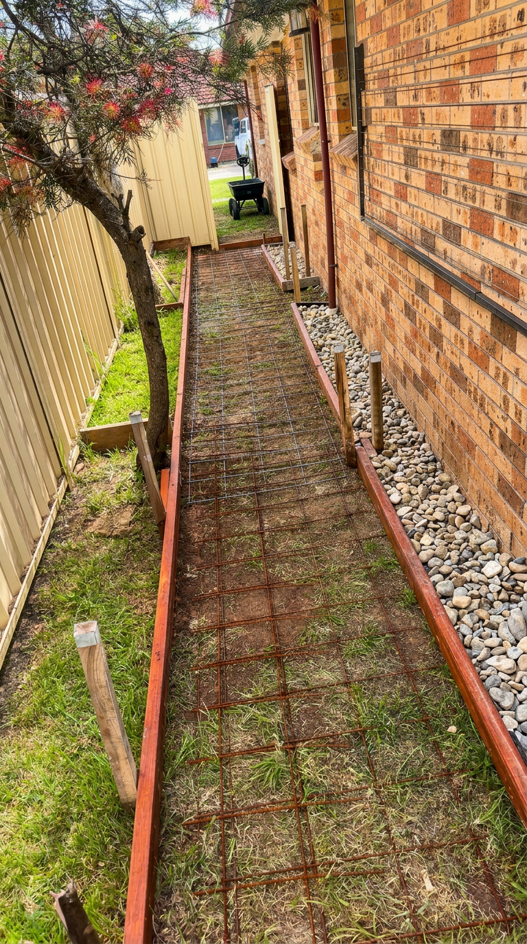 Formwork and reinforcing mesh set out for a narrow concrete side path